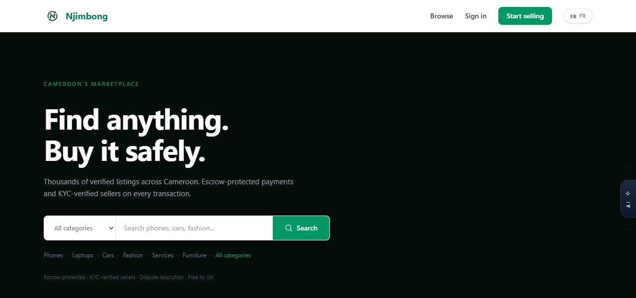 Njimbong marketplace home page showing the search bar and categories